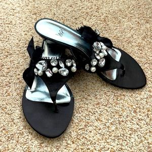 Impo satin, pearl and faux diamond slip on sandals